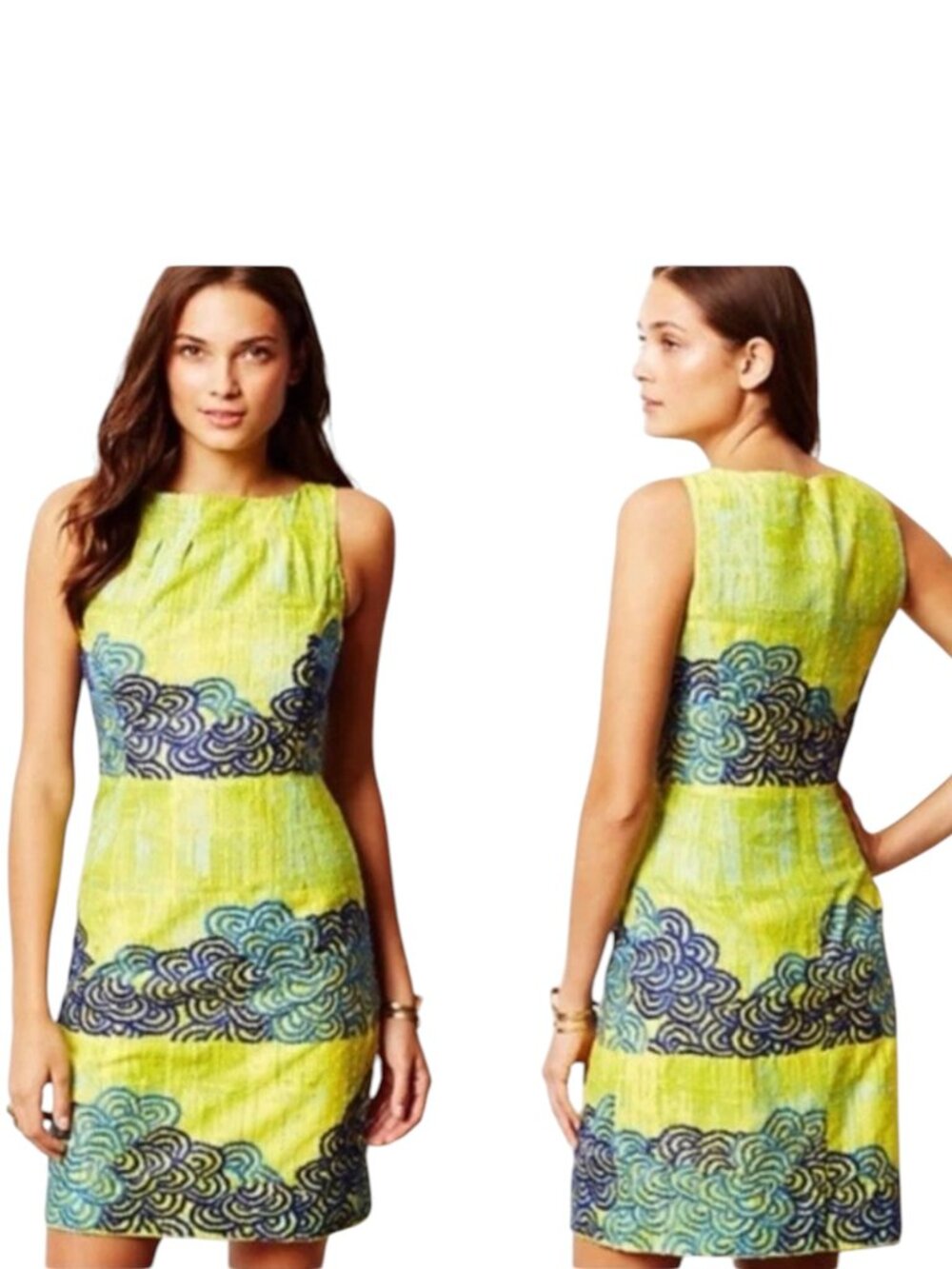 Tabitha Anthropologie Ajna Dress Stitched Sheath Embroidered Blue Green 2 - Picture 2 of 10